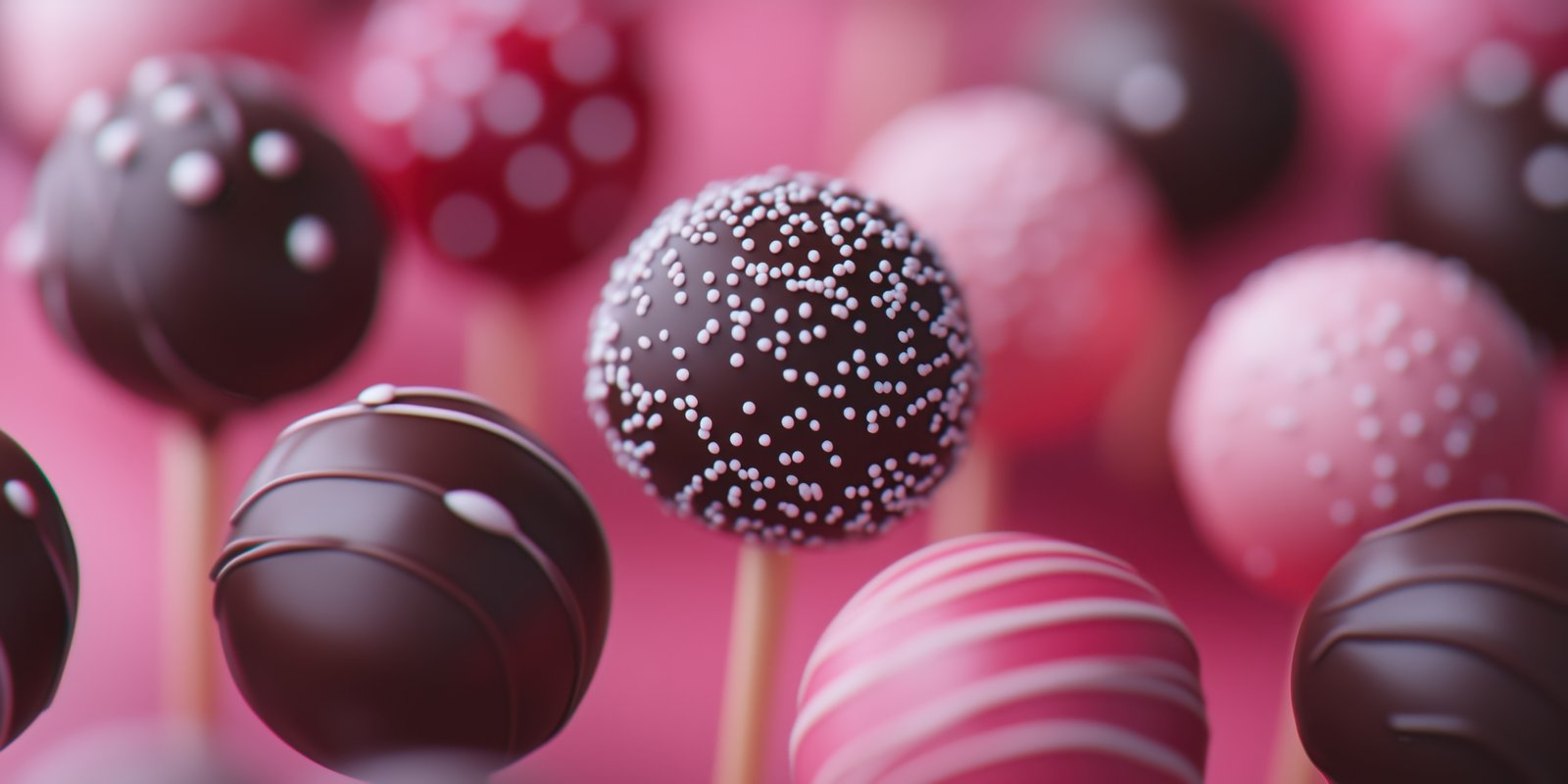 Colorful cake pops arranged in a creative display on a pink background for a festive event